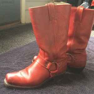Frye red pebbled leather harness boots